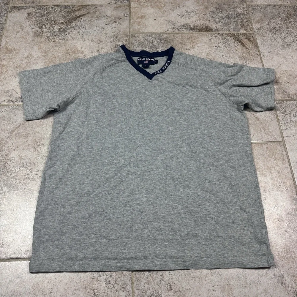 Vintage Polo Sport Ralph‎ Lauren Gray V Neck T-Shirt Mens Large Short Sleeve